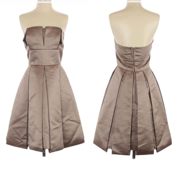 Vtg 80's Bari Jay Satin Formal Strapless Pleated Tea Length Fit & Flare Dress 10 - Picture 1 of 8